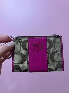 Coach Signature Canvas Card Case with Pink Leather Trim